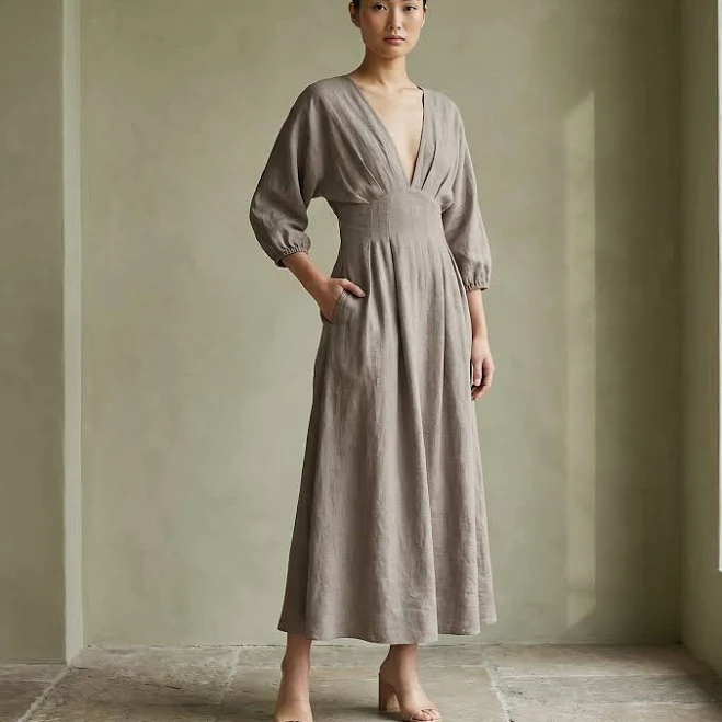 dress Cotton-Linen Deep-V Neck Empire Waist Maxi Dress SeamsFriendly $88