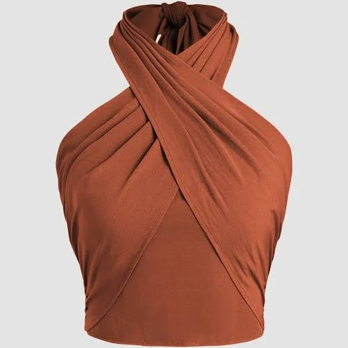 crop top Cross Halter Top Party Wrap Shirred Back Crop Date Cider $17.9