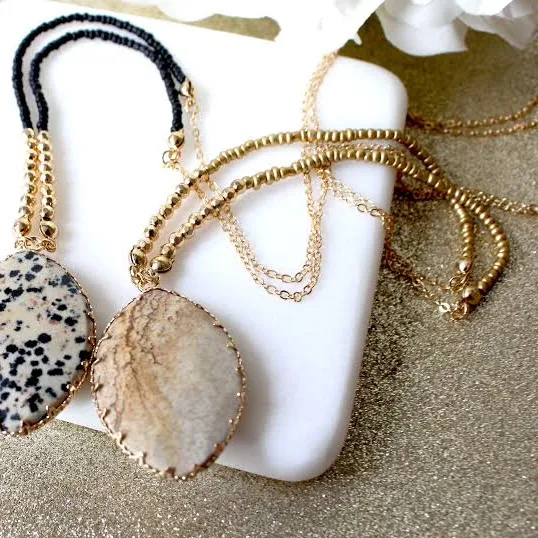 accessory Dainty Organic Stone Pendant Gold Beaded Necklace Etsy - DearDanielleJewelry $34