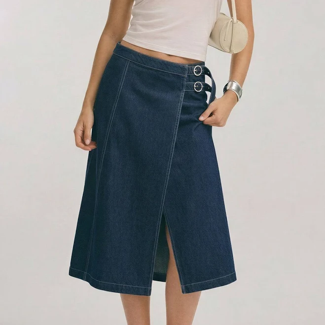 skirt Denim Midi Skirt with Buckle A Line New York & Company $41.99