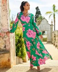 dress Drawn Floral Print V Neck Tiered Woven Maxi Dress Green/Pink Boston Proper $79.98
