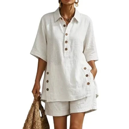 matching set Ekouaer Women's Casual Linen Short Sleeve Shirt & Shorts Set Walmart - Xinyolin $32.98