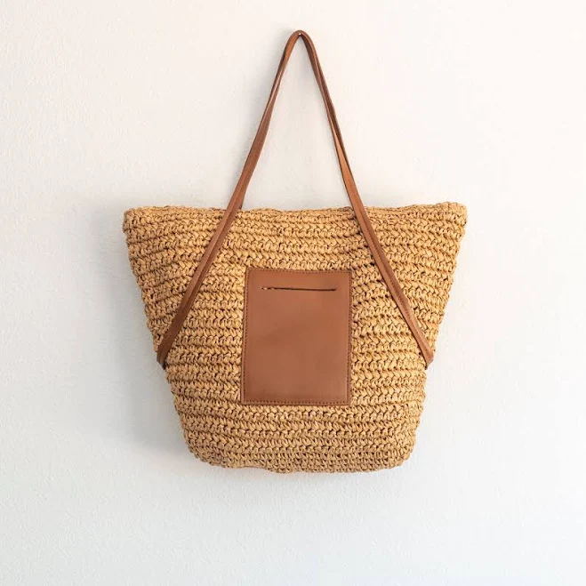 bag Elena Women's Large Woven Straw Tote with Leather Straps Elena Handbags $45