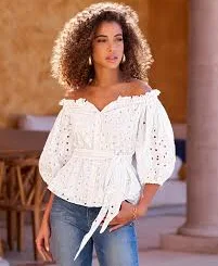 top Eyelet Puff Sleeve Tie Waist Peplum Blouse White Boston Proper $59.99