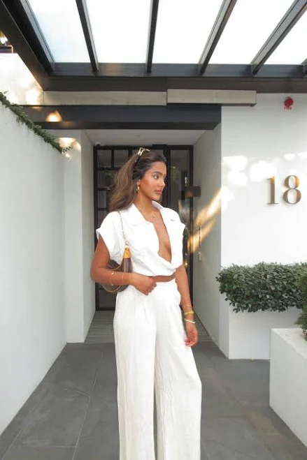 matching set Fashion Nova Andrea Linen Cropped Blouse and Pant Set Fashion Nova $44.99