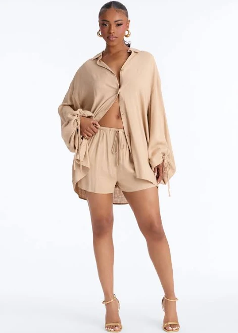 matching set Fashion Nova Linen Long Sleeve Button Up Shirt Short Set Fashion Nova $31.99