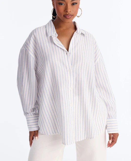 top Fashion Nova Oversized Stripes Linen Button Up Shirt Fashion Nova $16.99
