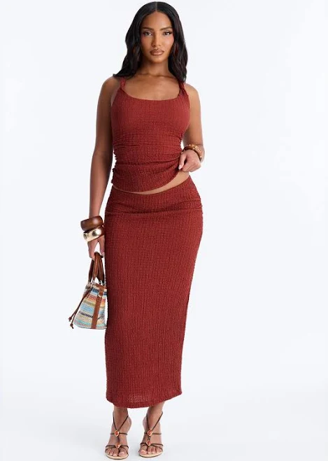 matching set Fashion Nova Ruched Sleeveless Tank Top and Midi Skirt Set Fashion Nova $23.99