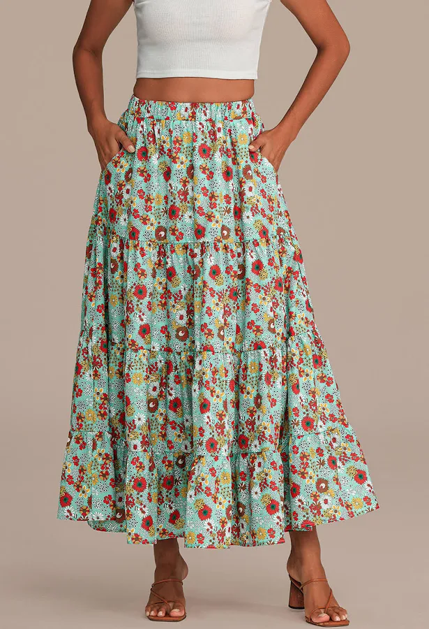 skirt Floral Elastic Waist Tiered Maxi Skirt Petal Lush $38