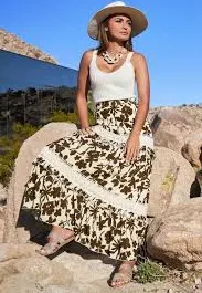 skirt Floral Print Lace Tiered Maxi Skirt Cream/Brown Boston Proper $29.98