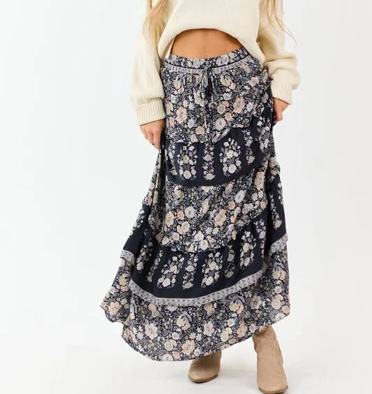 skirt Floral Print Ruffle Tiered Maxi Skirt Lime Lush $47.95