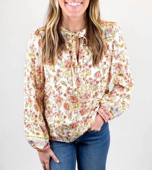 top Floral Tie Neck Peasant Top Walker Boutique $57.95