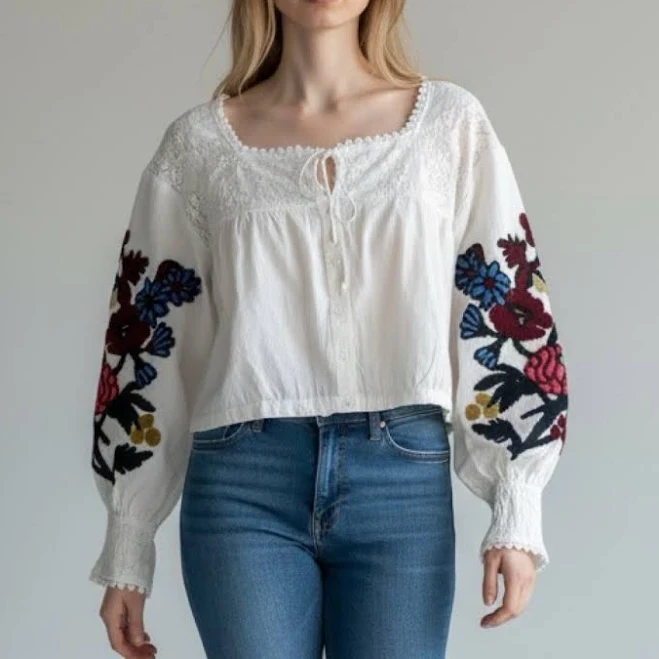 top Free People Meadows Embroidered White Flowy Peasant Style Top M eBay - dfsr4692 $52