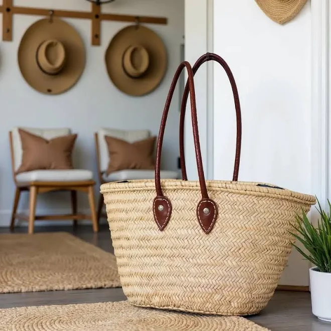 bag French Market Straw Tote Bag with Leather Handles Marrakeche Crafts $69