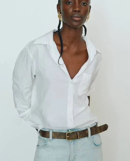 top H&M Ladies Linen-Blend Shirt AccessoryZ $29.99
