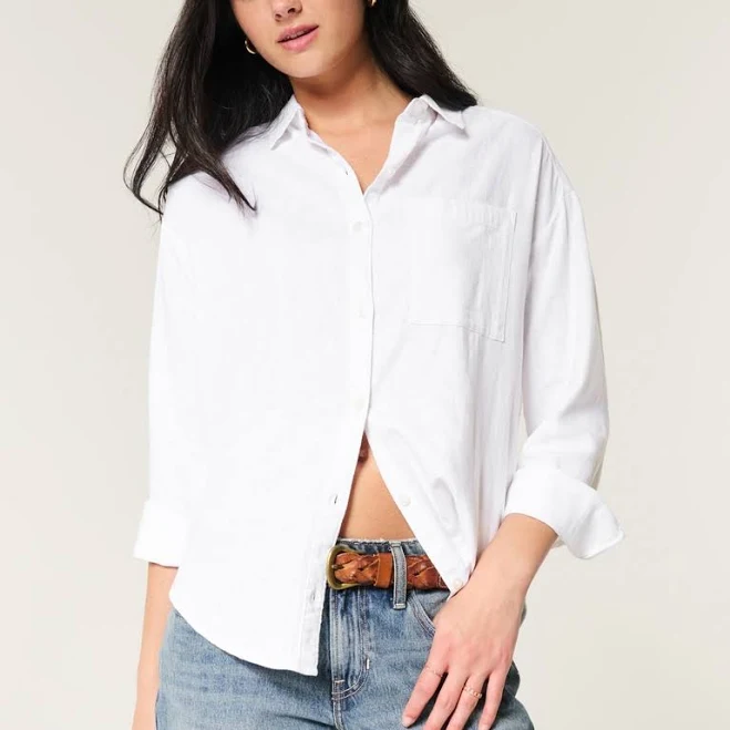 top Hollister Women's Oversized Linen-Blend Shirt Hollister Co - Official $18.99