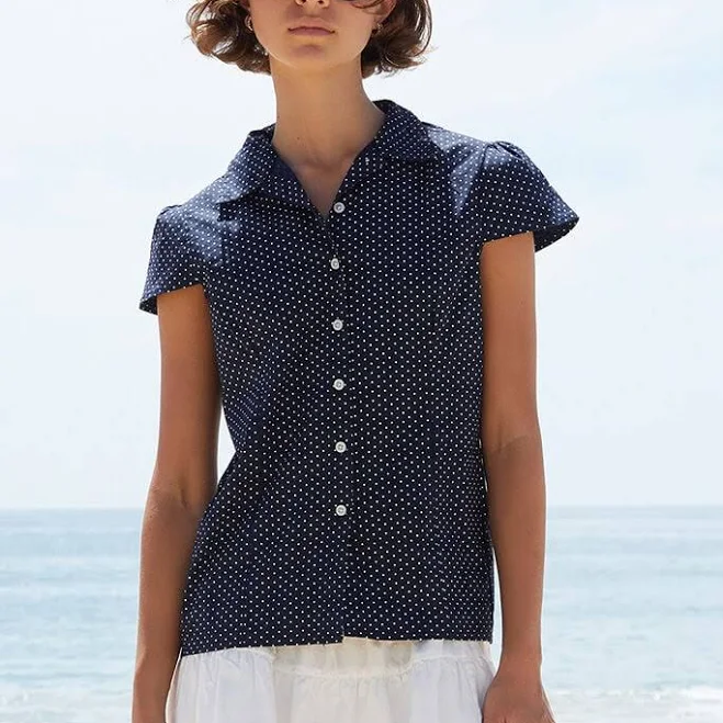 top John Galt Women's Navy Polka Dot Rue Collared Top PacSun $28