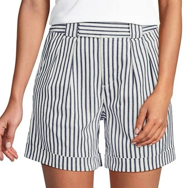 shorts Lands' End Navy And White Striped Women's Cotton Pleated Bermuda eBay $18