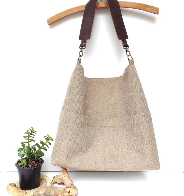 bag Linen Canvas Hobo Bag with Leather Handle Etsy - allbyFEDI $62.44