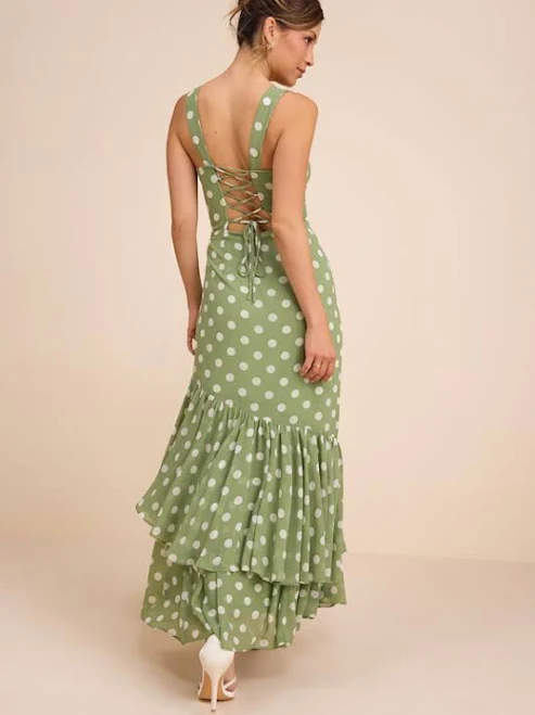 dress Lulus Polka Dot Lace-Up Tiered Maxi Dress Lulus $89