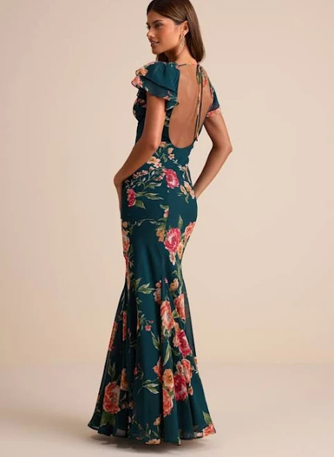 dress Lulus Resme Emerald Floral Flutter Sleeve Mermaid Maxi Dress Lulus $40