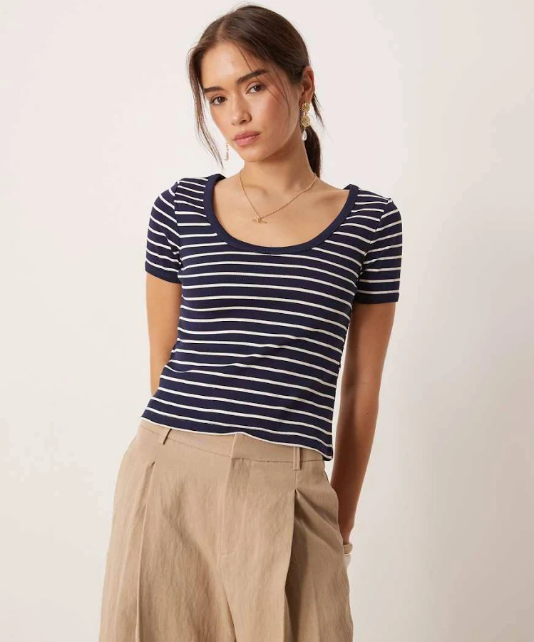 t-shirt MANGO Women's Cropped Round Neck Striped Cotton T-shirt ASOS $23.99