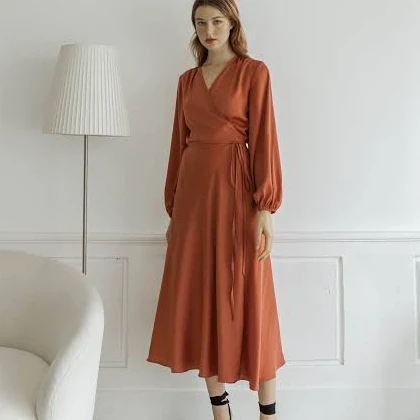 dress Mavis Satin Wrap Dress with Long Puff Sleeves Etsy - NoireBrand $115