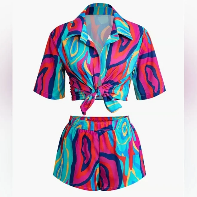 two piece set Micas Women's Vibrant Abstract Print Crop Shirt and Shorts Set Poshmark $22