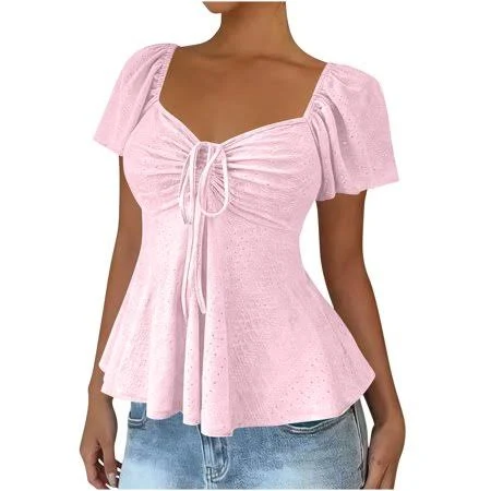 top Miluxas Women's Eyelet Embroidery Puff Sleeve Top Walmart - YangJinLian $8.19