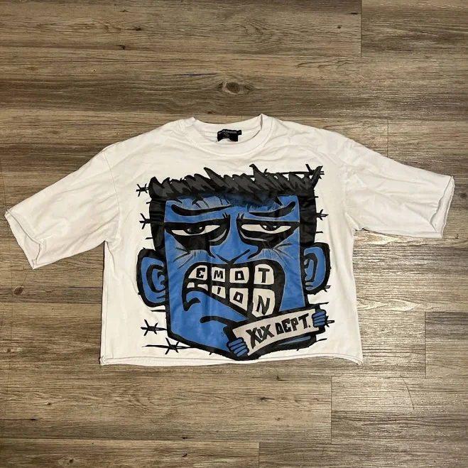 top Mixed Emotion White And Blue Monster Cropped Graphic Tee eBay $60