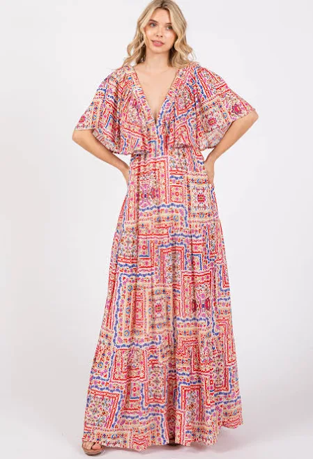 dress Multicolor Floral Deep V-Neck Tiered Maxi Dress PinkBlush Maternity $43