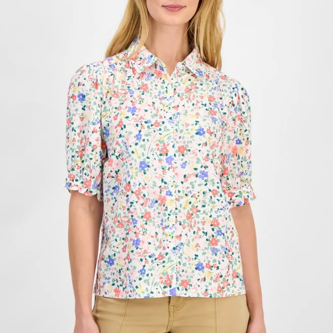 top Nautica Women's Belagio Floral Short-Sleeve Smocked Blouse Macy's $55.65