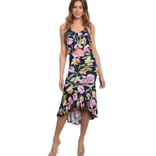 matching set Navy Blue Floral Print High Waisted Skirt and Tank Set Women's Poshmark $25