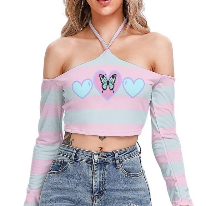 crop top Off Shoulder Butterfly Halter Crop Top Etsy - KawaiiHeavenShop $25.43