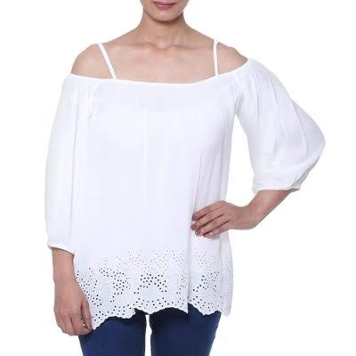 top Off-The-Shoulder Rayon Blouse with Eyelet Hem Unicef Market $27.5