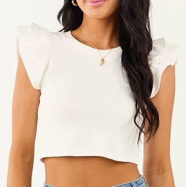 top Off White Ruffle Sleeve Ribbed Knit Top Lime Lush $30.95