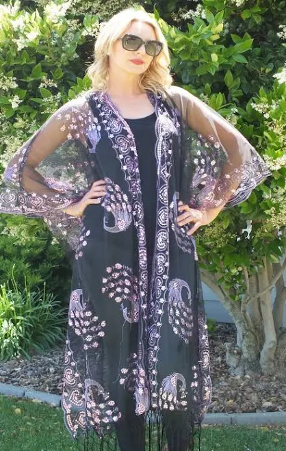 kimono Peacock Sequin Kimono Caftan Moddy Vintage $88