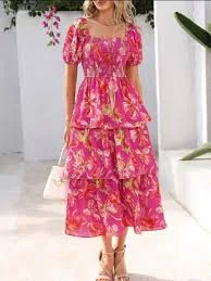 dress Pink and Yellow Floral Tiered Midi Dress Poshmark $125