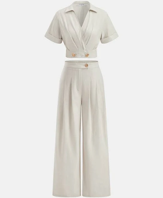 matching set Pleated Cotton Linen Crop Top & Pants Set Commense $68