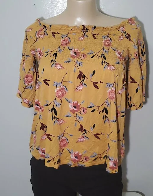 top Rewind Mustard Yellow & Floral Open Shouldered Short Sleeve Blouse eBay - mallybills $15