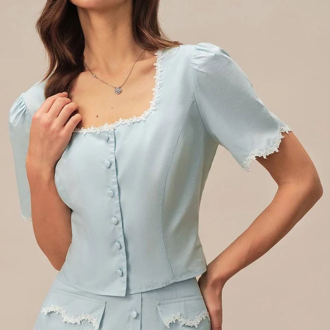 top Rihoas Lace Trim Square Neck Puff Sleeve Blouse Rihoas $33