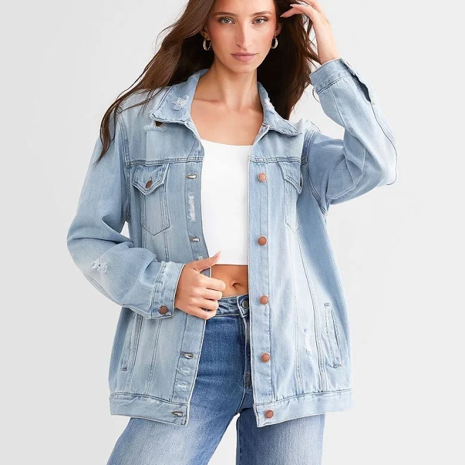 outerwear Risen Women's Cotton Destructed Denim Jacket with Buckle Buckle $52.49