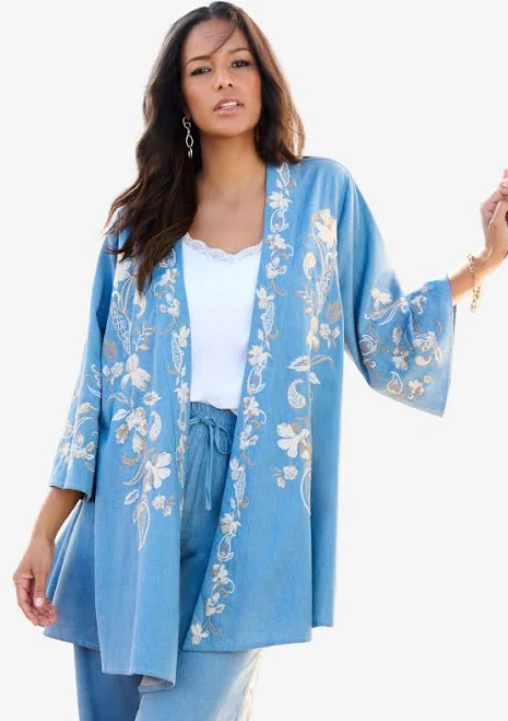 kimono Roaman's Women's Plus Size Embroidered Chambray Kimono Roaman's $29.98