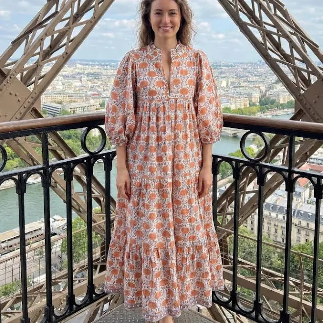 dress Rust Floral Block Printed Cotton Maxi Dress Etsy - NahataFashionShop $55