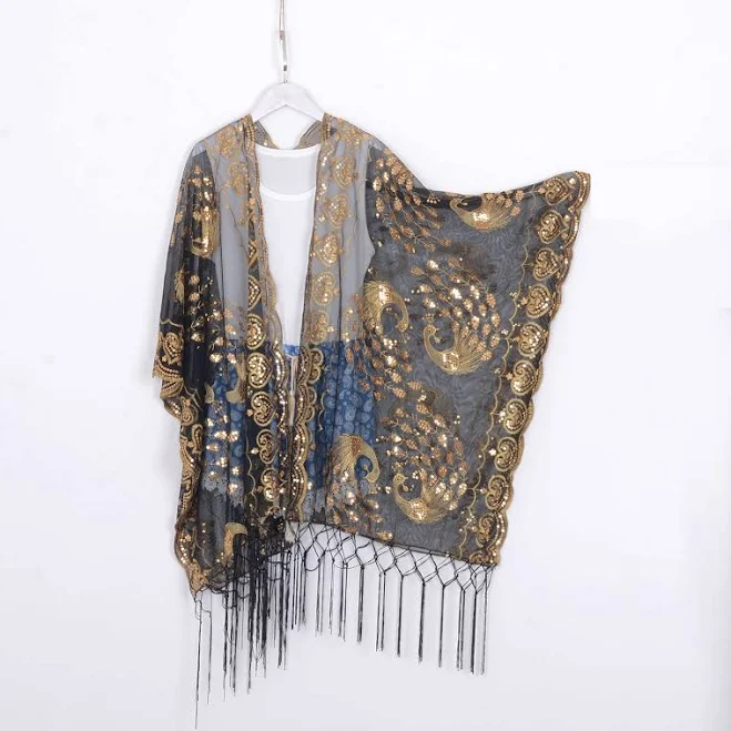 kimono Sheer Kimono with Gold Sequins and Fringe Trim Etsy - twogirlstudio $40.37