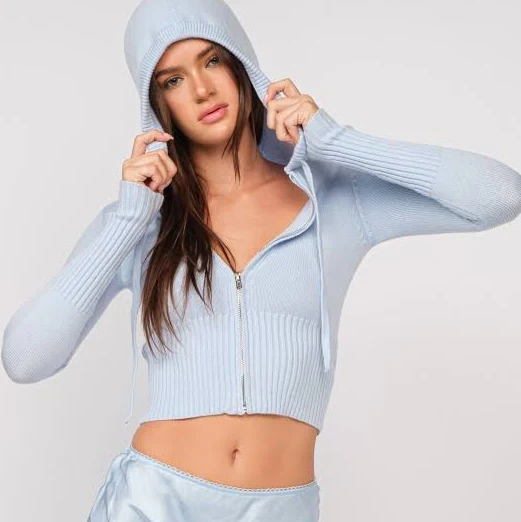 hoodie Sky to Moon Reagan Cropped Knit Hoodie Boho Pink $59