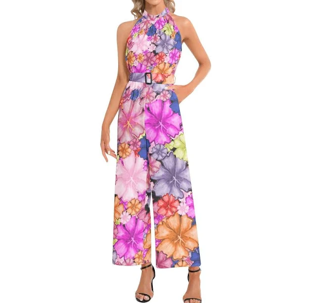 jumpsuit Sleeveless Belted Wide Leg Chiffon Halter Jumpsuit Etsy - Seller $84.84