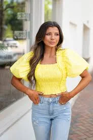 top Smocked Puff Sleeve Top-Yellow Inside Out Boutique $32
