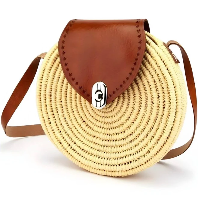 bag Straw Crossbody Bag with Leather Flap Marrakeche Crafts $74.9
