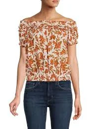 top Suki Smocked Off Shoulder Floral Blouse - Orange Multicolor eCosmetics $23.38